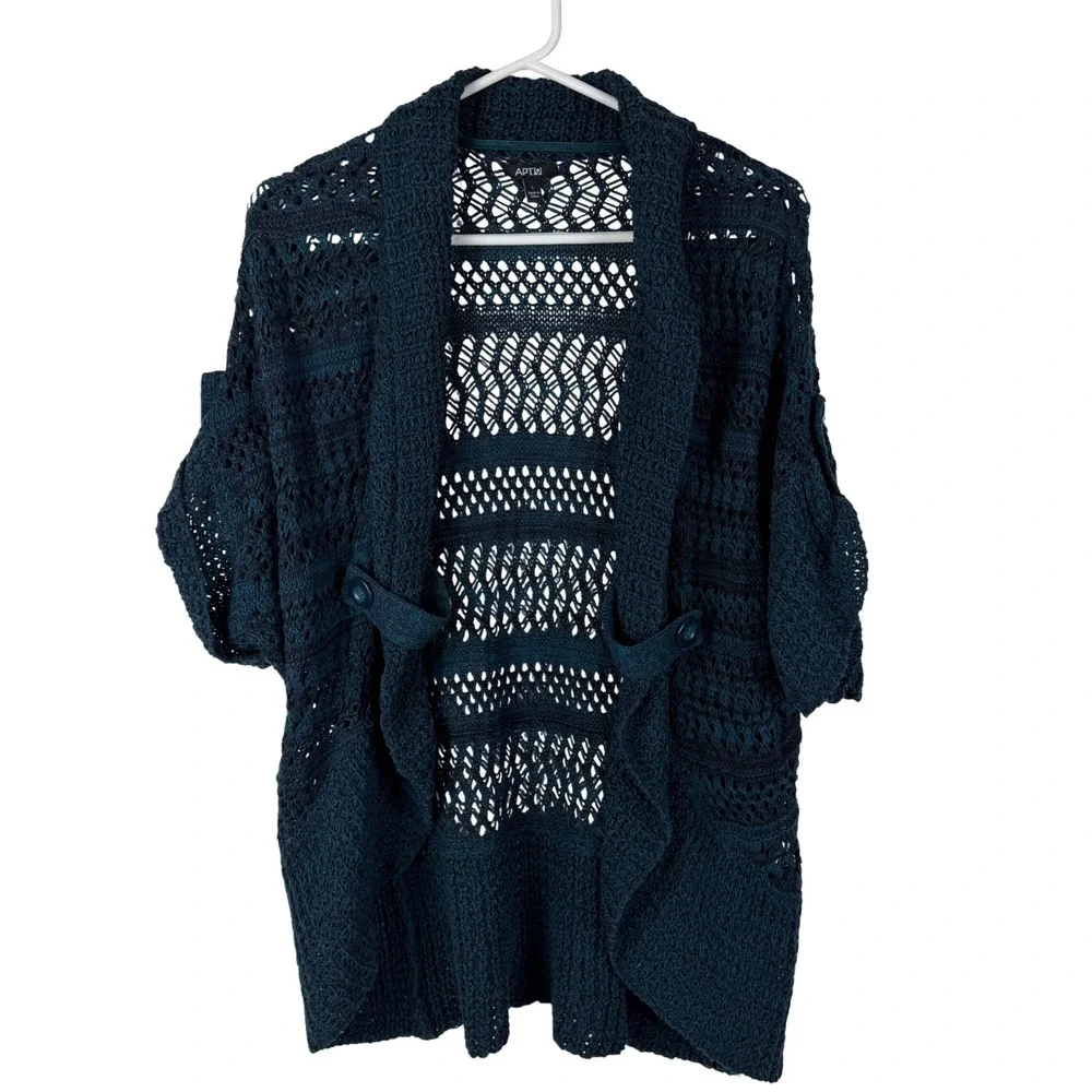 Apt 9 Teal Blue Space Dye‎ Open Knit Crochet Cardigan Button Tab Women's Large